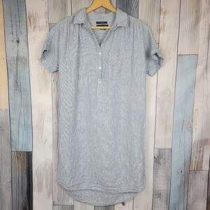 Tahari Linen Short Sleeve White Blue Striped Shirt Dress Tunic Size Small